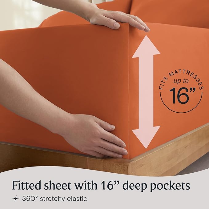 LuxClub 4 PC California King Size Sheet Set Deep Pockets 18" Wrinkle Free Cooling Sheets Machine Washable Hotel Bedding Silky Soft - Autumn Orange California King