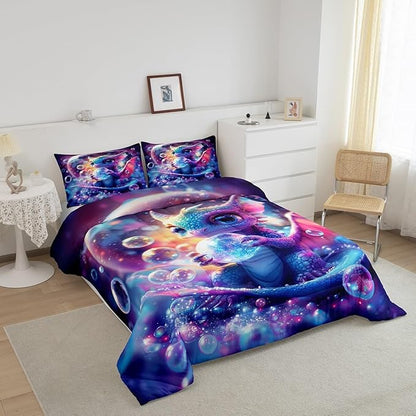 Feelyou Dragon Comforter Set Toddler Size Kawaii Comforter for Boys Girls Teens Wild Life Bedding Set Dragon Decor Duvet Set Room Decor Purple Blue Quilt Set