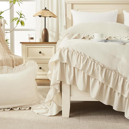 Andency Oversized King Ruffle Comforter Set, 3 Pieces Shabby Chic Farmhouse Bedding Set, Lightweight Soft Comforter Set 120x98 for Girls Women (1 Comforter 2 Pillowcases), Beige