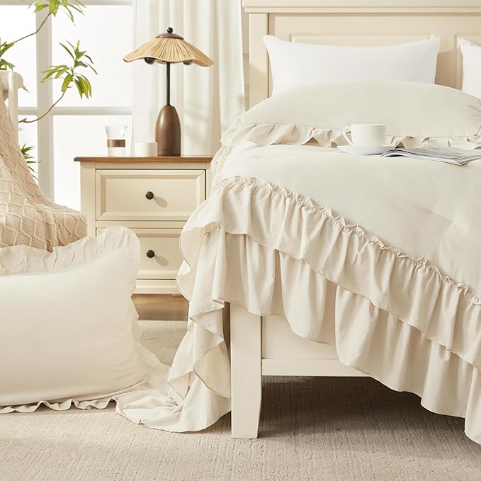Andency Beige California King Comforter Set, 3 Pieces Farmhouse Shabby Chic Bedding Comforter Sets, Lightweight Fluffy Soft Microfiber All Season Bed Set(104x96In Comforter)