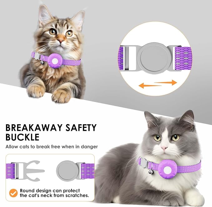 Cat Tracker, MINI GPS Tracker, Compatible with Apple Find My App(Only iOS), Waterproof Cat Trackers Collar with Bell and Safety Elastic Buckle, No Monthly Fee Pet Tracker,Purple
