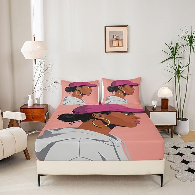Erosebridal Black Girls Girls Bed Sheets Queen Size Fashion Black Woman Fitted Sheet Vogue Fashionable Gorgeous Bedding Set for Kids Children Women Bedroom Decor African Princess Magical Sheets