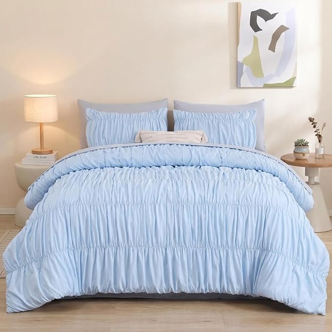 weigelia Cinched Comforter Set King – Soft Ruched Bedding Set, 3PCS Light Blue All-Season Fluffy Lightweight Comforter with Pillowcases for Bedroom, Apartment & Dorm Decor