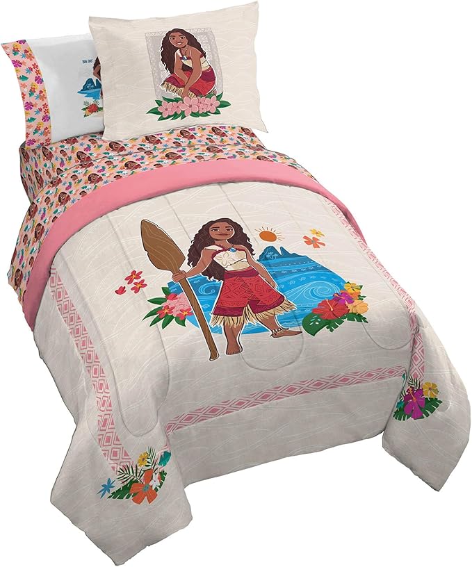 Jay Franco Disney Moana Full Size Comforter Set - 7 Piece Bedding Includes Sheet Set & Pillow Covers - Super Soft Floral Kids Bedding