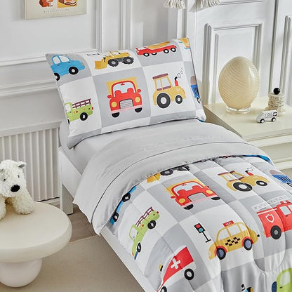 White Gray Toddler Bedding Set for Boys Girls Colorful Cars Vehicle Auto Fire Engine Bulldozer 4PC Toddler Bed Set - Soft Cute Toddler Plaid Patchwork Bed in a Bag with Sheet Set and Pillow Shams