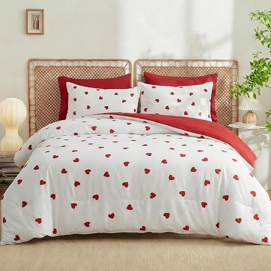 Heart Comforter Set Queen 3 Pieces Romantic Girls Cute Bedding Set, Red Love Heart Pattern, Modern Aesthetic Comforter with 2 Pillowcases 100% Microfibre White
