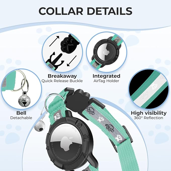 Breakaway AirTag Cat Collar, Reflective Cat Tracker Collar with Bell | Built in AirTag Holder, Adjustable 8.5-12in for Cats, Kittens and Puppies, Safety Elastic Band, Reflective for Night Walking