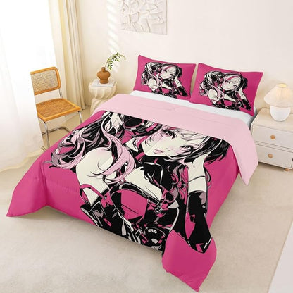 Erosebridal Pink Anime Girls Bedding Cartoon Japanes-Style Comforter Set King, Graffiti Street Culture Bed Comforter Set for Kids Teens Youth Watercolor Hippie Style Duvet Set 3Pcs