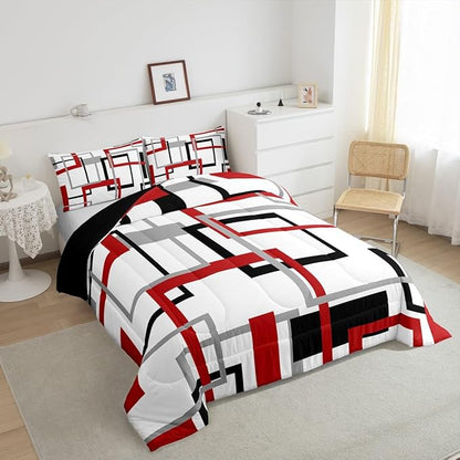 Square Comforter Set,White Black Red Grey Stripes Bedding Set Warm,Geometric Grid Checkred Down Comforter for Kids Boys Girls,Modern Creative Art Quilted Duvet Soft with 2 Pillowcases,Queen