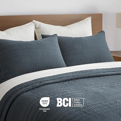 EVERGRACEHOME 100% Cotton Modern Lines Quilt Set Queen Size, Pre-Washed Soft Striped Coverlet Bedspread, 3 Piece Lightweight Bedding Set for All Season, with 2 Pillow Shams, Midnight Blue