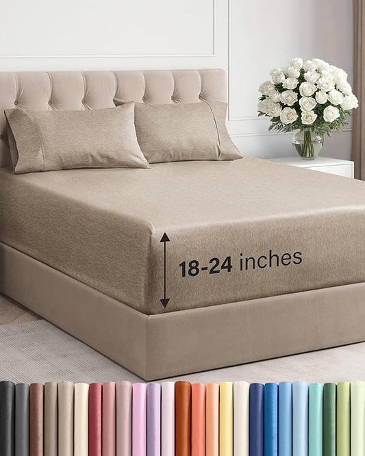 Extra Deep Twin XL Sheet Set - 4 Piece Breathable and Cooling Sheets - Hotel Luxury Bedding for Women, Men, Kids & Teens - Easy Secure Fit - Soft & Wrinkle Free - Extra Deep Pockets - Heathered Beige