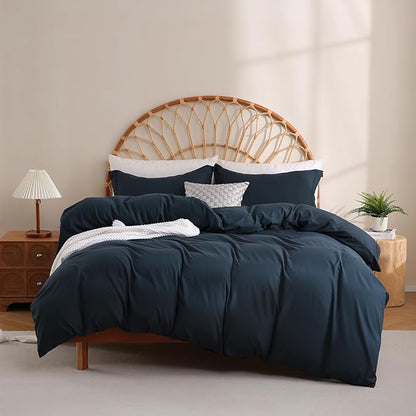 JSD Navy Blue Duvet Cover Set Queen Size, 3 Piece Duvet Cover with Pillow Shams, Soft Brushed Microfiber Zipper Closure, Comforter Not Included