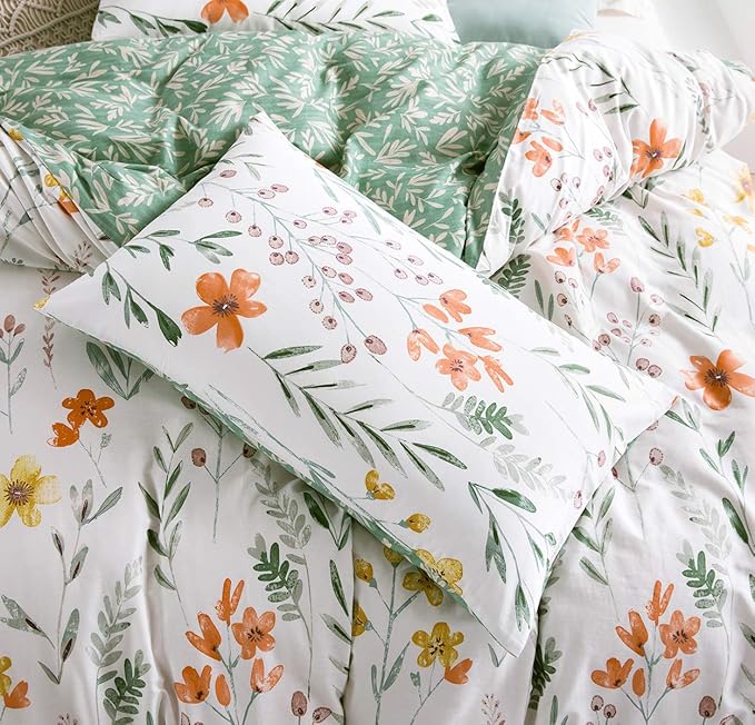 SLEEPBELLA Duvet Cover Set 600 Thread Count Cotton Bedding Set (Twin, White&Green Floral)
