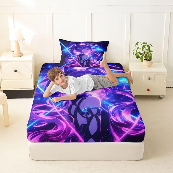 Erosebridal 3D Anime Twin Bed Sheets Japanese Girl Fitted Sheet,Girly Galaxy Stars Kids Bedding Sets Purple Neon Sheets with 1 Pillowcase