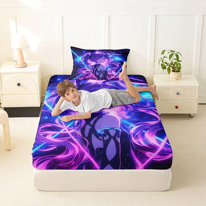 Erosebridal 3D Anime Twin Bed Sheets Japanese Girl Fitted Sheet,Girly Galaxy Stars Kids Bedding Sets Purple Neon Sheets with 1 Pillowcase