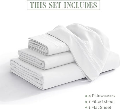 Elegant Comfort Luxurious 1500 Premium Hotel Quality Microfiber Three Line Embroidered Softest 4-Piece Bed Sheet Set, Wrinkle and Fade Resistant, RV Short Queen, White