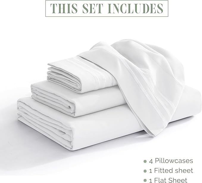 Elegant Comfort Luxurious 1500 Premium Hotel Quality Microfiber Three Line Embroidered Softest 4-Piece Bed Sheet Set, Wrinkle and Fade Resistant, Twin/Twin XL, White