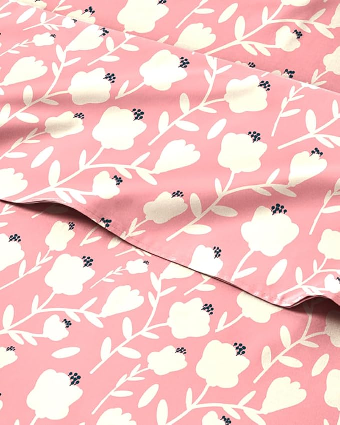 Floral Sheets - Pink & White Bed Sheet Set - 1 Flat, 1 Fitted & 1 Pillowcase w/ Deep Pockets - Comfy, Cozy, Wrinkle & Fade Free - Boho Botanical Bedding - Soft, Breathable & Cooling - Twin XL Size Set