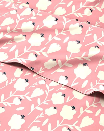 Floral Sheets - Pink & White Bed Sheet Set - 1 Flat, 1 Fitted & 1 Pillowcase w/ Deep Pockets - Comfy, Cozy, Wrinkle & Fade Free - Boho Botanical Bedding - Soft, Breathable & Cooling - Twin Size Set