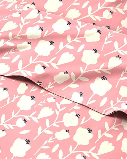Floral Sheets - Pink & White Bed Sheet Set - 1 Flat, 1 Fitted & 2 Pillowcases w/ Deep Pockets - Comfy, Cozy, Wrinkle & Fade Free - Boho Botanical Bedding - Soft, Breathable & Cooling - Full Size Set