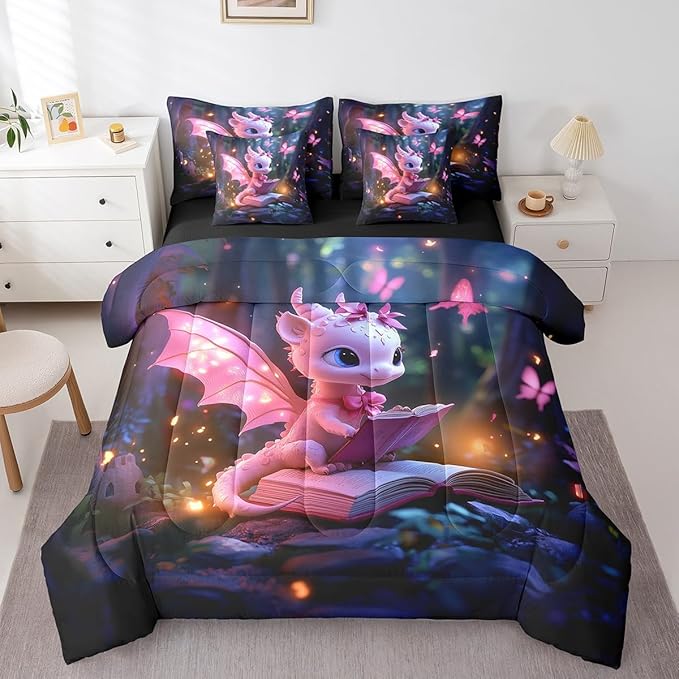 Castle Fairy 3D Western Dragon Comforter Set for Room Decor,Magical Jungle Animal Bedding Set King Size 7 Pcs,Sparkling Pink Butterfly Bed in a Bag with Comforter, Sheets, Pillowcases & Cushion Cover
