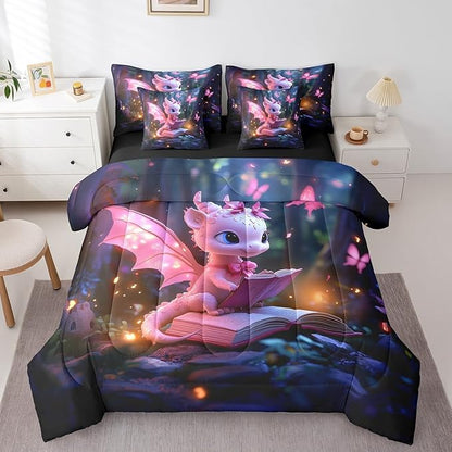 Castle Fairy 3D Western Dragon Comforter Set for Room Decor,Magical Jungle Animal Bedding Set King Size 7 Pcs,Sparkling Pink Butterfly Bed in a Bag with Comforter, Sheets, Pillowcases & Cushion Cover