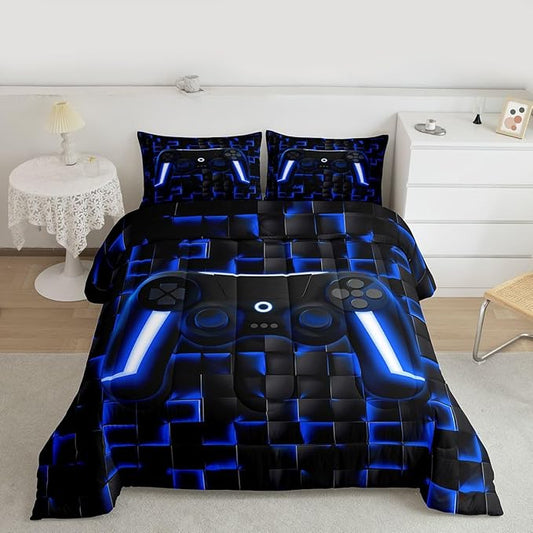 Erosebridal Gamer Queen Comforter Set for Boys Blue Gaming Kids Bedding Set Geometric Game Console Comforter for Teen Video Game Room Decor 3 Piece Neon Lights Gamepad Lightweight Bed Comforter Set