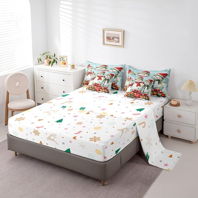 Happy New Year Comforter Set Bed in a Bag 7 Pieces King,3D Snowman Gifts Watercolor Bowknot Bedding Set,Winter Geometric Snowflakes (Comforter+Fitted+Flat Sheet+2 Pillowcases+2 Throw Pillow Covers)