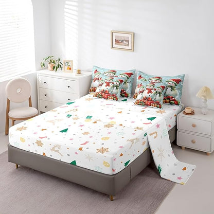 Happy New Year Comforter Set Bed in a Bag 7 Pieces King,3D Snowman Gifts Watercolor Bowknot Bedding Set,Winter Geometric Snowflakes (Comforter+Fitted+Flat Sheet+2 Pillowcases+2 Throw Pillow Covers)