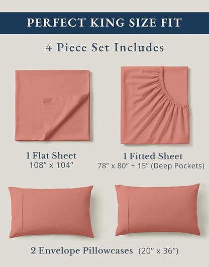 LANE LINEN 100% Organic Cotton Fully Elasticized King Sheet Set, Low Pilling Fade Resistant Machine Washable Naturally Cooling King Bedding Set, Mercerized Soft & Comfy Cotton Sheets – Rose Dawn