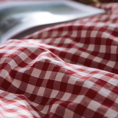 mixinni Red Gingham Comforter Set Twin XL, Plaid Comforter Set 3 Pieces 1 Red Grid Comfoter with 2 Pillow Cases for All Seasons, Soft Fluffy Modern Grid Pattern Printed Bedding-Twin XL Size