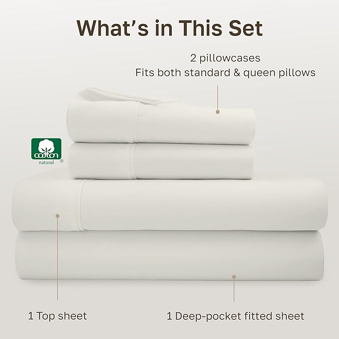 California Design Den Soft 100% Cotton Queen Sheet Set, 400 Thread Count Good Housekeeping Award Winner, Silky Sateen Weave with Deep Pockets, Long Staple Cotton Bed Sheet Set - Ivory (Pale Tone)