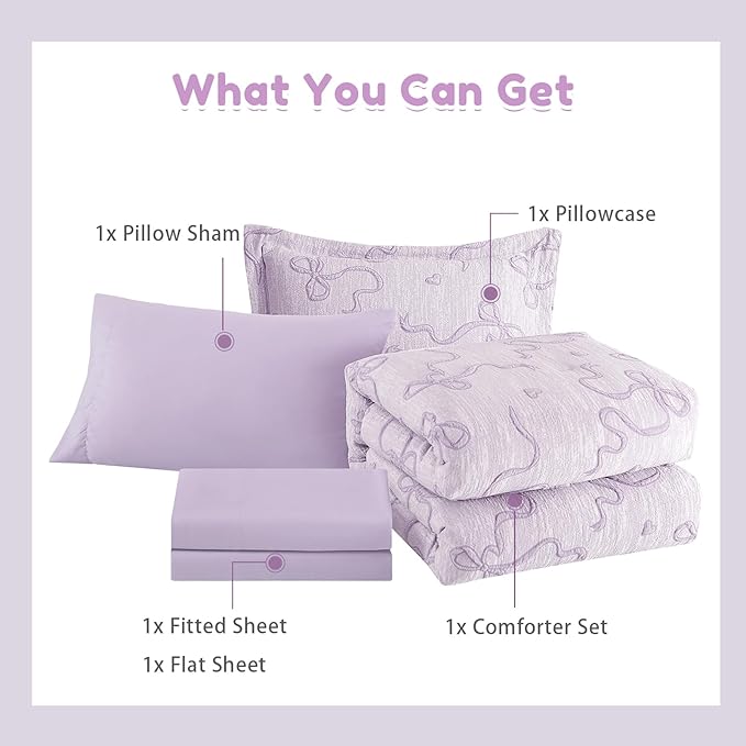 Geniospin Light Purple Twin Comforter Set for Girls- 5 Pieces Bowknot Jacquard Bed in A Bag Twin Bedding Sets with Sheets, Pillowcases & Shams, All Season Kids Comforter Set