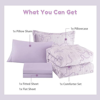 Geniospin Light Purple Twin Comforter Set for Girls- 5 Pieces Bowknot Jacquard Bed in A Bag Twin Bedding Sets with Sheets, Pillowcases & Shams, All Season Kids Comforter Set