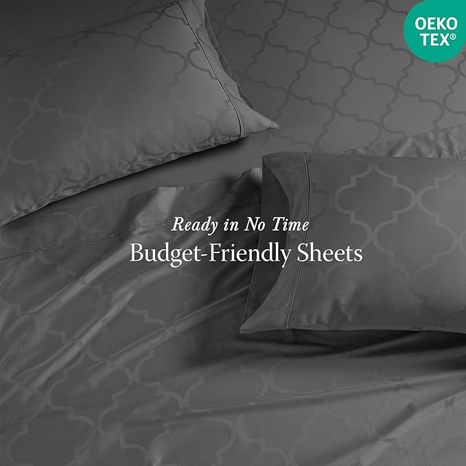 Threadmill Cotton Twin Sheet Set | 100% Cotton Sheets for Twin Size Bed | Damask Jacquard Sateen Twin Bed Sheets Set with 16” Deep Pocket | Soft Breathable 3-Piece Cooling Sheet Set | Dark Grey
