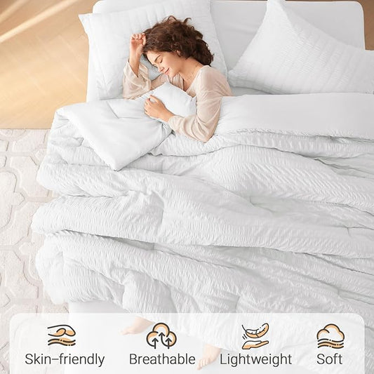 MUXHOMO 7 Pieces King Comforter Set, Seersucker Bed in a Bag King Size, All Season Luxury Bedding Set with Comforter, Flat Sheet, Fitted Sheet, Pillowcases & Shams, White