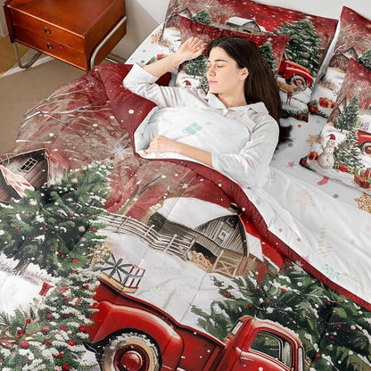 Castle Fairy Farmhouse Christmas 7 PCS Comforter Set,Xmas Truck Cute Snowman Bedding Set for Kids Girls,Rustic Pine Tree Deer Bed in a Bag with Comforter,Sheets and Pillow Cases,King