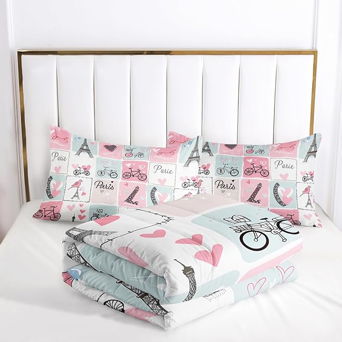 Pink Eiffel Tower Comforter Set Full Paris Theme Bedding Sets 3PCS for Kids Teen Adult Girl Room Decor Ultra-Soft Lightweight Microfiber 1 Comforter with 2 Pillowcases
