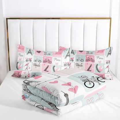 Pink Eiffel Tower Comforter Set Full Paris Theme Bedding Sets 3PCS for Kids Teen Adult Girl Room Decor Ultra-Soft Lightweight Microfiber 1 Comforter with 2 Pillowcases