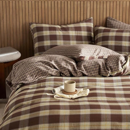 EAVD Vintage Coffee Gingham Comforter Set Full Soft 100% Muslin Cotton Chic Shabby Yellow Green Grid Checkered Pattern Bedding Set with 2 Pillowcases Reversible Farmhouse Plaid Comforter Set