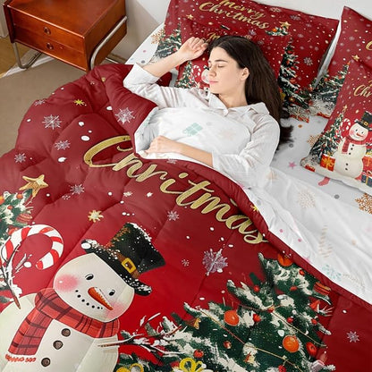 Castle Fairy Merry Christmas 7 PCS Comforter Set,Cartoon Snowman Christmas Trees Bedding Set for Kids Girls,Happy New Year Gifts Bed in a Bag with Comforter,Sheets and Pillow Cases,Full