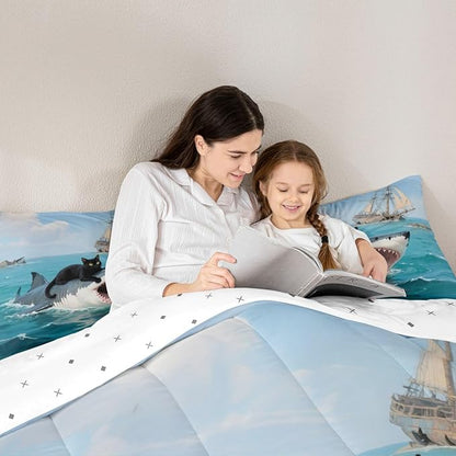 Erosebridal Black Cat Quilt Insert King Size Shark Bedding Set for Kids Girls Boys Safari Kitten Sea Waves Marine Nautical Blue Comforter Warm Soft Comforter Set