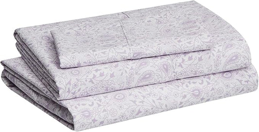 Amazon Basics Lightweight Super Soft Easy Care Wrinkle Free Microfiber 3 Piece Sheet Set with 14-Inch Deep Pockets, Twin, Lavender Paisley, Floral, Kids, Men & Women Bedding