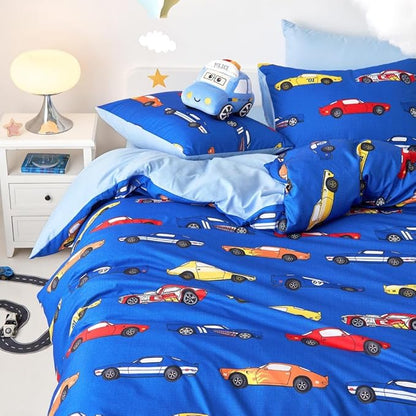 Wake In Cloud - Race Car Bedding Set for Boys, Cute Colorful Sports Car Supercar Wheels Comforter Set with Sheets, 5 Pieces Kids Bed in a Bag, Blue, Twin Size