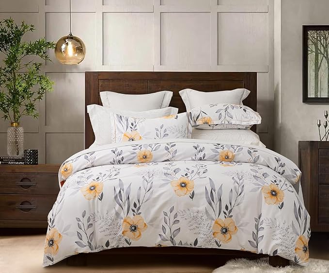 Queen Size Duvet Cover Set with Button Closure - Black and Yellow Botanical Luxury Bedding for a Comfortable Sleeping