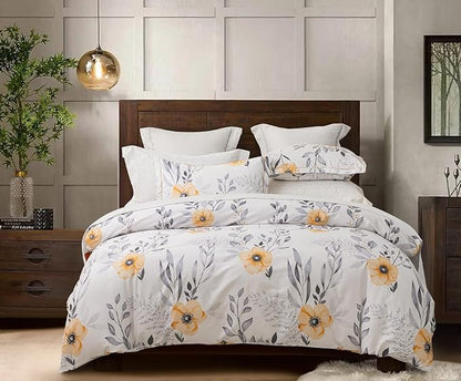 Queen Size Duvet Cover Set with Button Closure - Black and Yellow Botanical Luxury Bedding for a Comfortable Sleeping