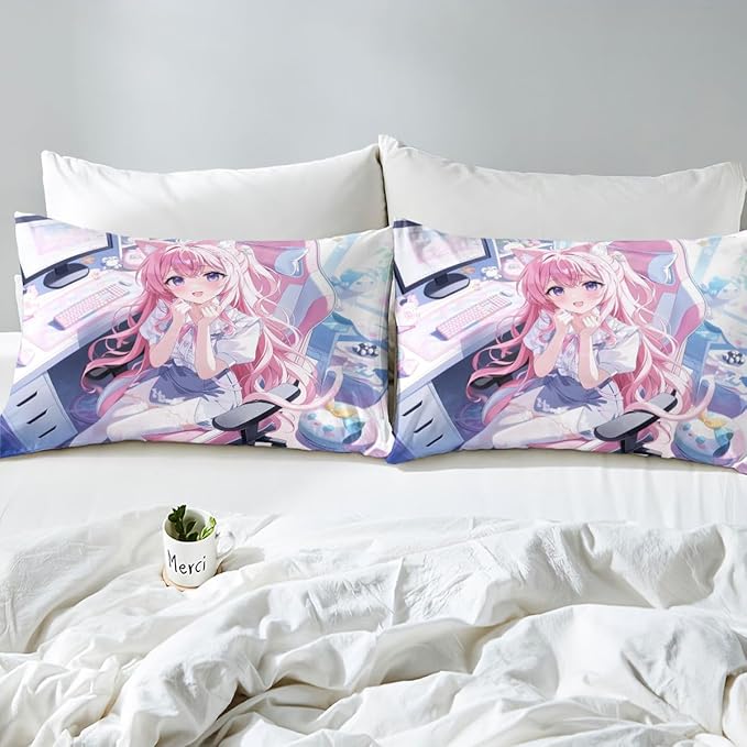 Erosebridal Kawaii Japanese Girl Fitted Sheet for Boys Girls Kids Cartoon Anime Queen Bed Sheets,Girls Gamer Sheets 3D Japanese Style Bedding Sets, No Top Sheet