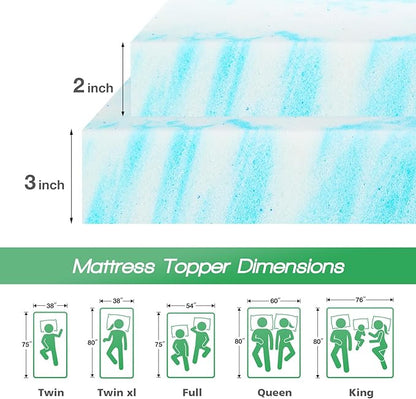 Sweetcrispy Mattress Topper Queen, 2 Inch Thick Memory Foam Gel Infused Cooling Toppers Pad for Queen Size Bed, Sleeper Sofa, RV, Camper, CertiPUR US Certified, Ventilated and Breathable, Blue