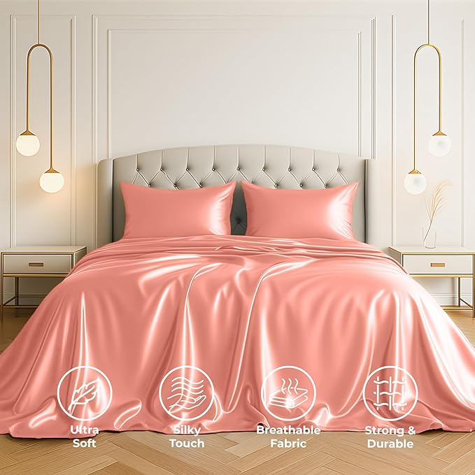 Satin Sheets King [4-Piece, Blush Pink] Hotel Luxury Silky Bed Sheets - Extra Soft 1800 Microfiber Sheet Set, Wrinkle, Fade, Stain Resistant - Deep Pocket Fitted Sheet, Flat Sheet, Pillow Cases