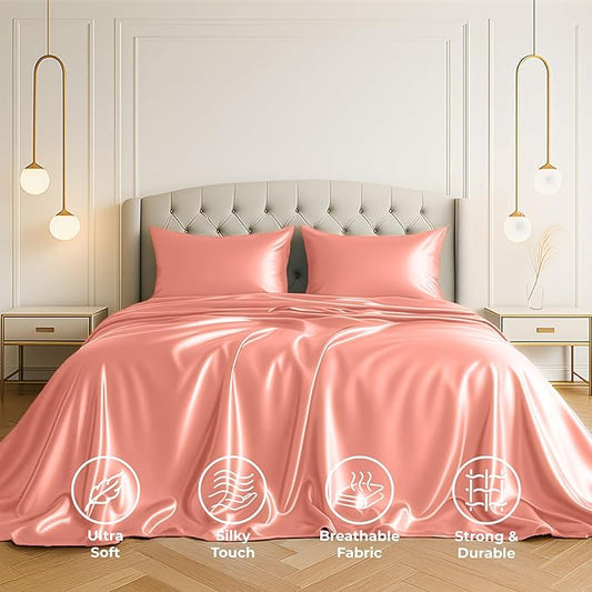 Satin Sheets King [4-Piece, Blush Pink] Hotel Luxury Silky Bed Sheets - Extra Soft 1800 Microfiber Sheet Set, Wrinkle, Fade, Stain Resistant - Deep Pocket Fitted Sheet, Flat Sheet, Pillow Cases